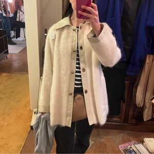Vintage Estate Sale Faux Fur Cream Jacket with Gold Button Front and Faux Leathe